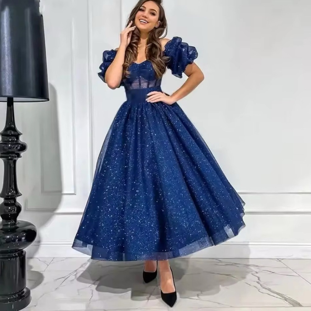 Blue Sparkle Off the Shoulder Formal Dress